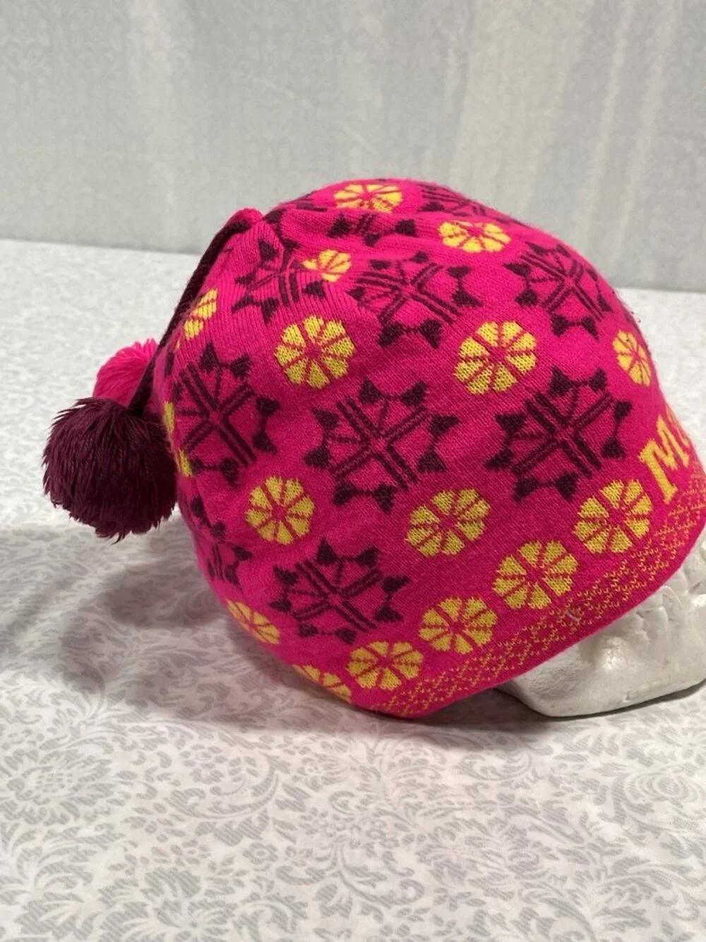 Marmot Nordic Pom Pom Beanie Pink Yellow Fleece Lined One Size